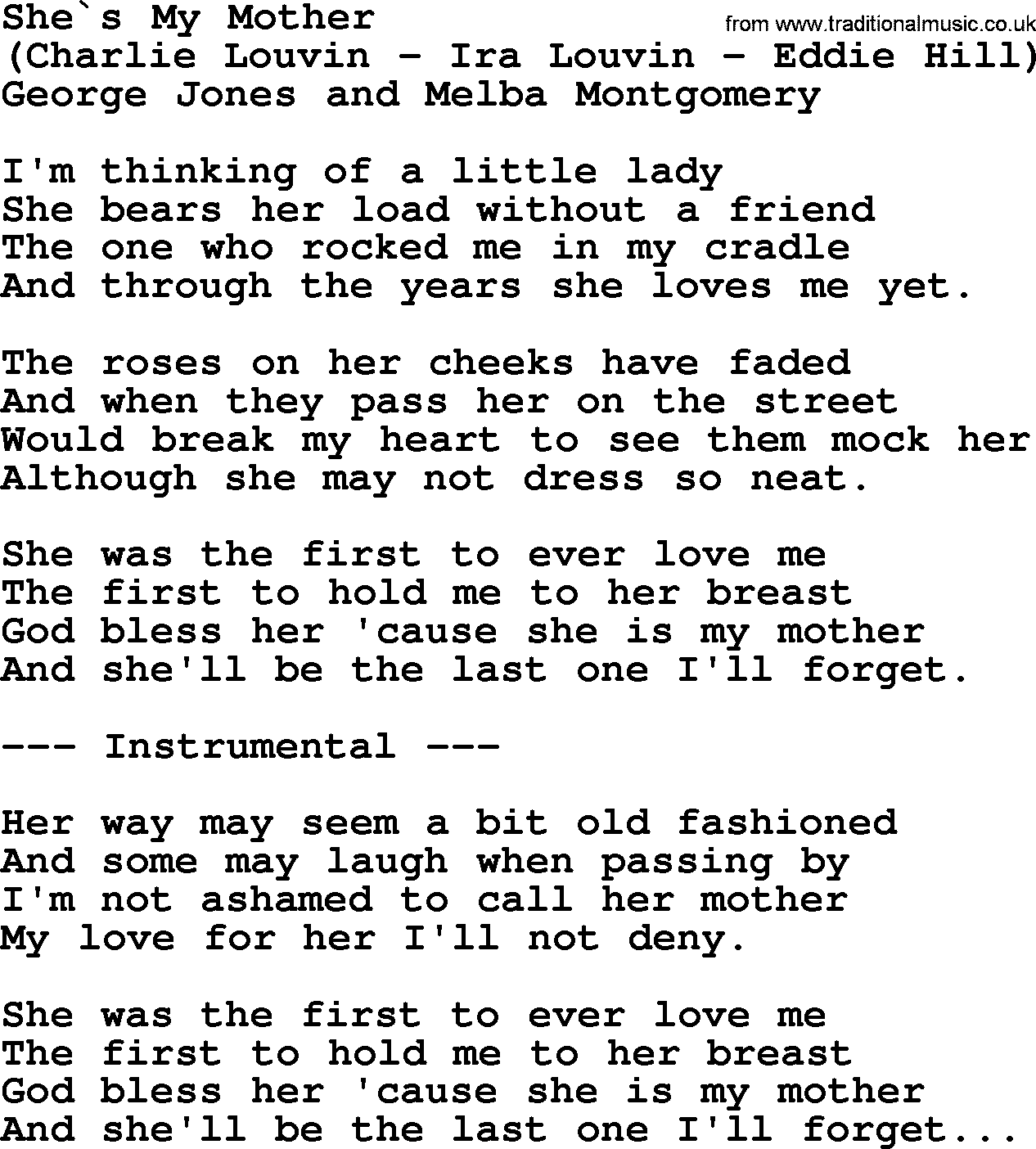 George Jones song: She`s My Mother, lyrics